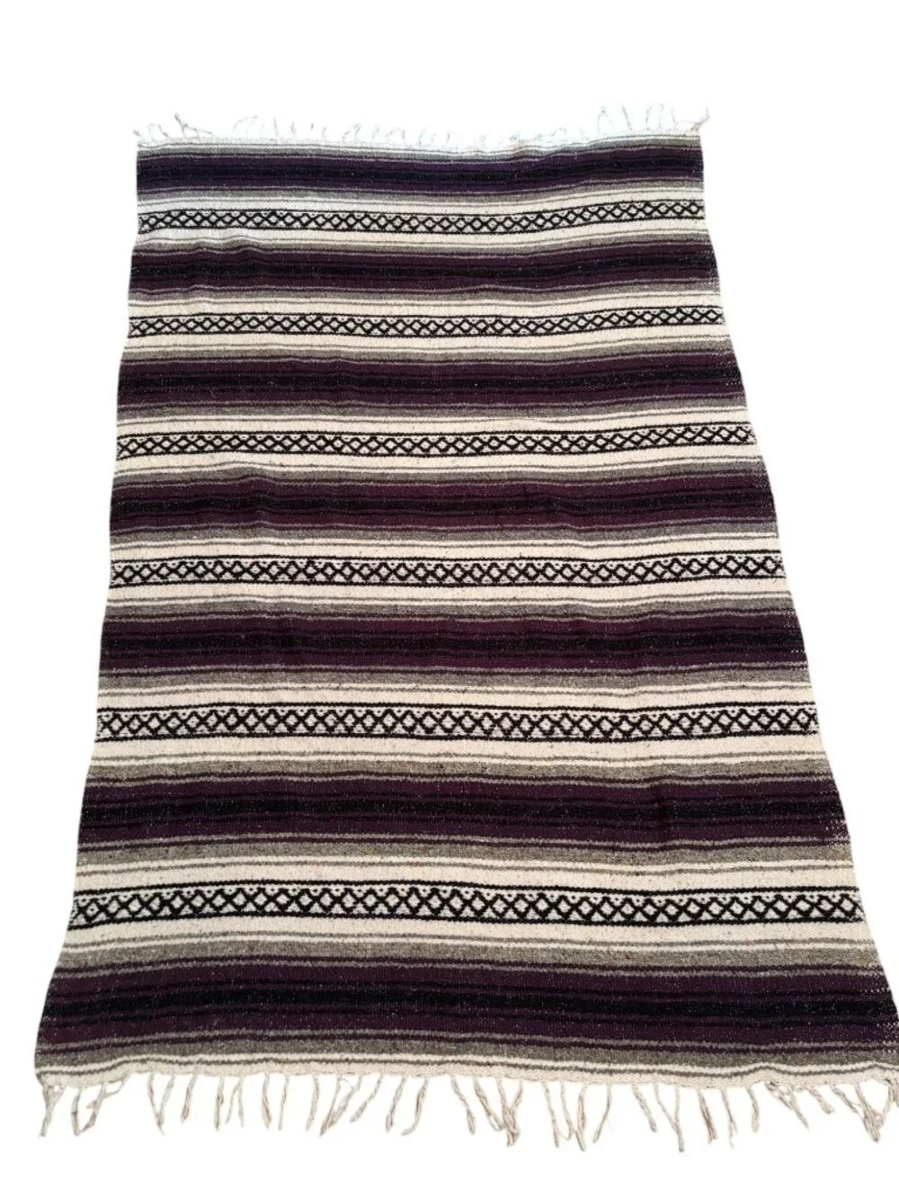 Mexican Serape Blanket Rug With Fringe Purple & Cream Stripes 43